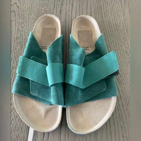 Birkenstock Mens Kyoto Green/ Teal Suede Slide Sandals size 9, womens 11 Kyoto Nubuck-Suede Leather in Color Digital Green  main image 3